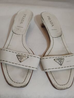 Prada Triangle Logo Heels Sandals White  Leather Shoes 38.5 Y2K